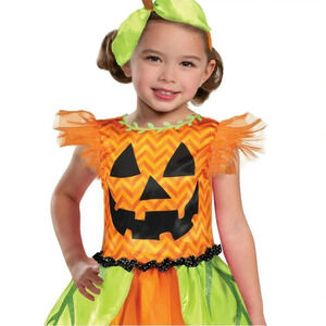 Jack O Lantern Costume Girls Size S 6/6X Dress Headband Pumpkin Halloween 003